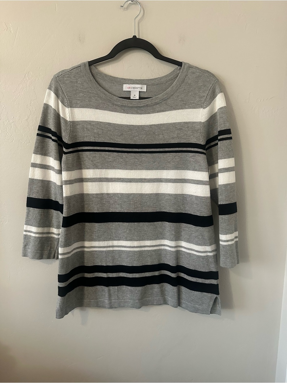 Liz Claiborne Gray, White & Black Striped Crewneck Top